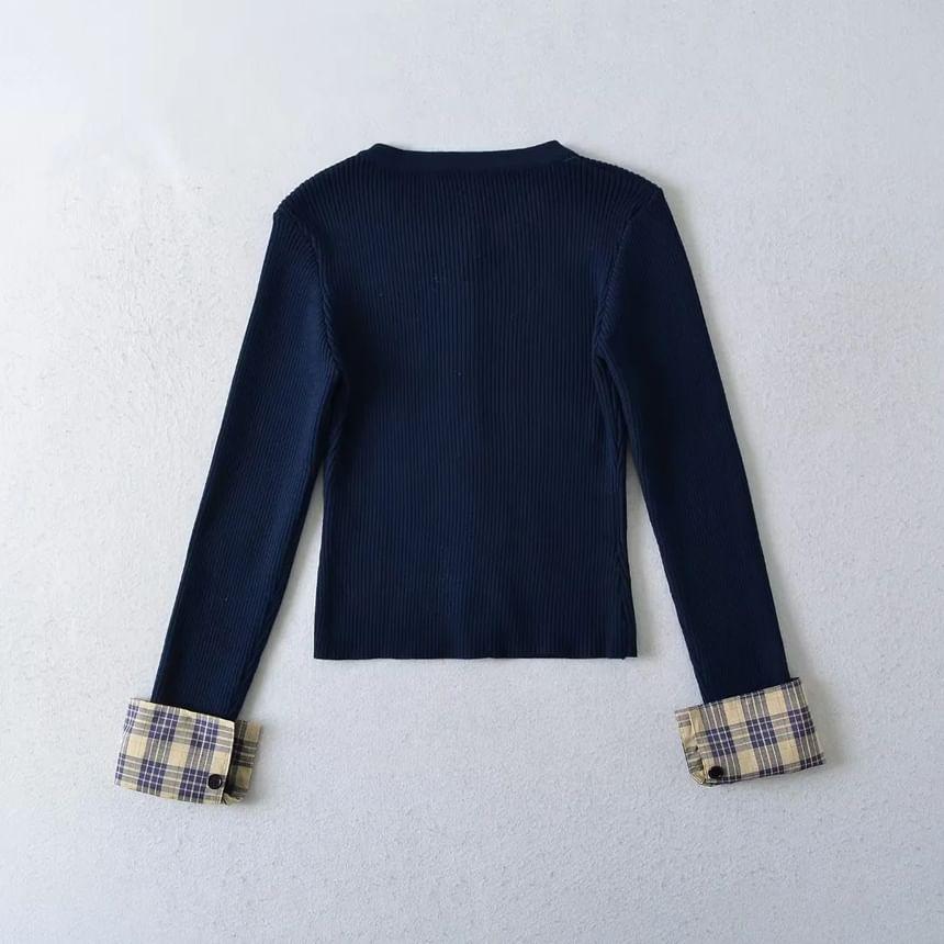 Crewneck Button-Up Plain Crop Cardigan Product Image