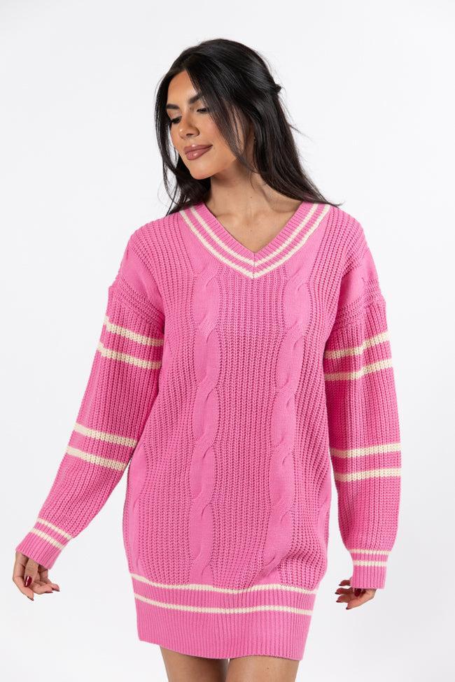 Make Your Mark Pink Varsity Detail Sweater Dress FINAL SALE Product Image