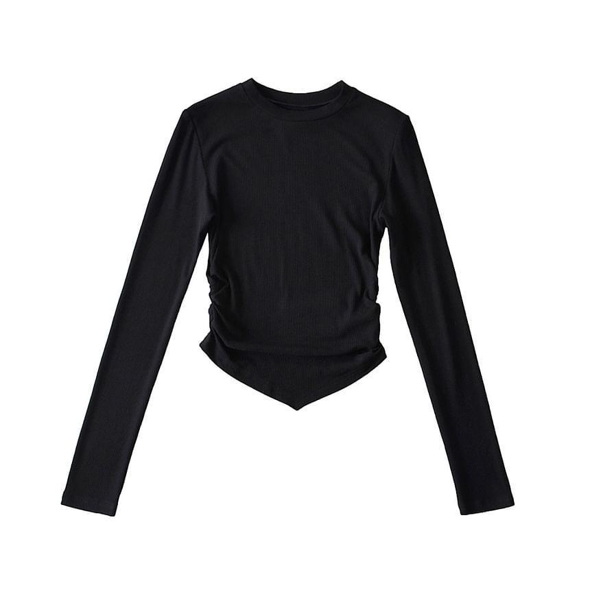 Long-Sleeve Crew Neck Plain Ruchhed Slim Fit Tee Product Image