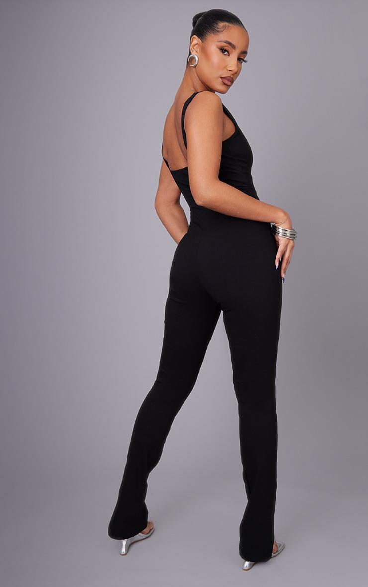 Black Square Neck Thick Strap Stretch Woven Jumpsuit Product Image