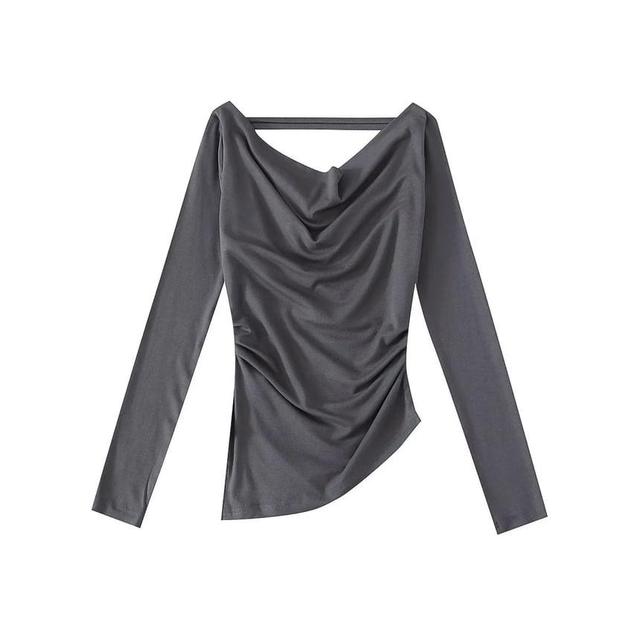 Long Sleeve Cold-Shoulder Plain T-Shirt Product Image