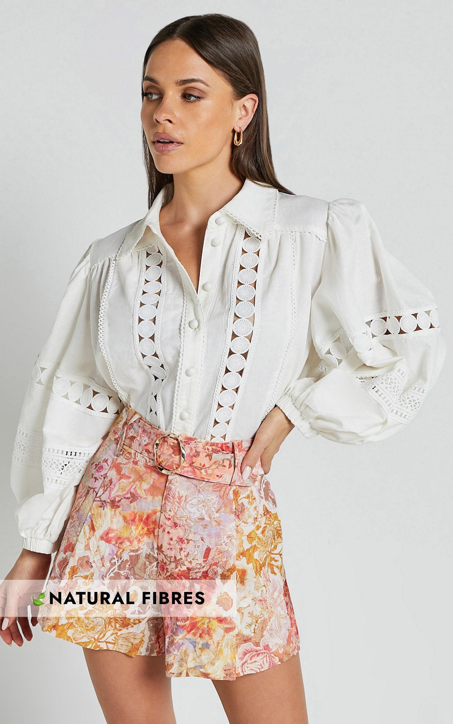 Amalie The Label - Julessa Linen Blend Puff Sleeve Lace Detail Blouse in White Product Image