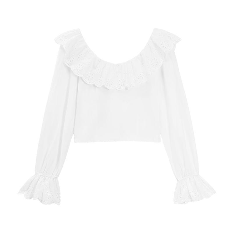 Long-Sleeve Scoop Neck Plain Bow Accent Eyelet Lace Trim Open Back Crop Blouse Product Image