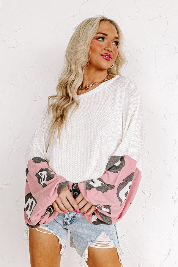 Highline Chic Waffle Knit Leopard Top in Pink Product Image