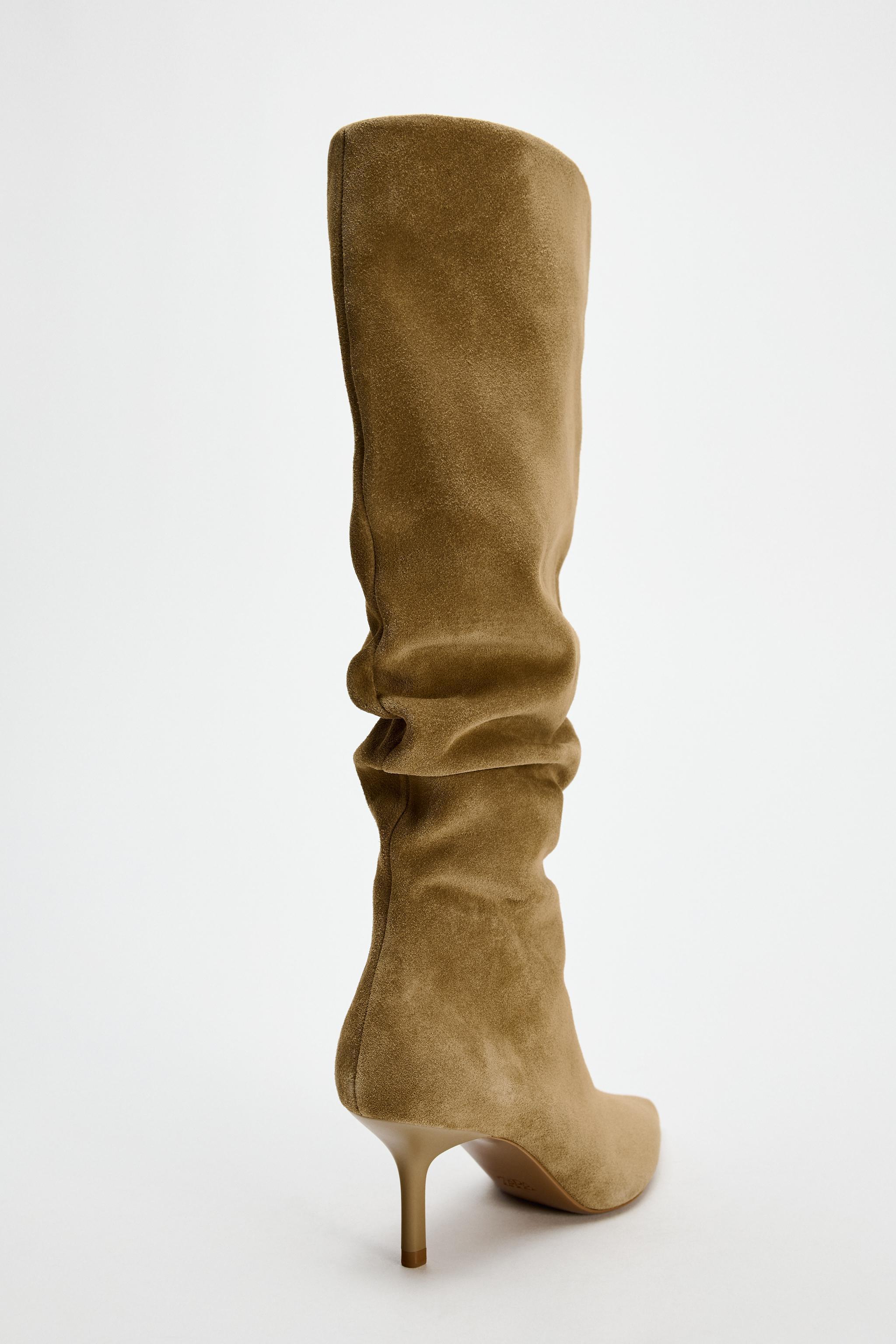 LEATHER SUEDE HEELED RUCHED BOOTS Product Image