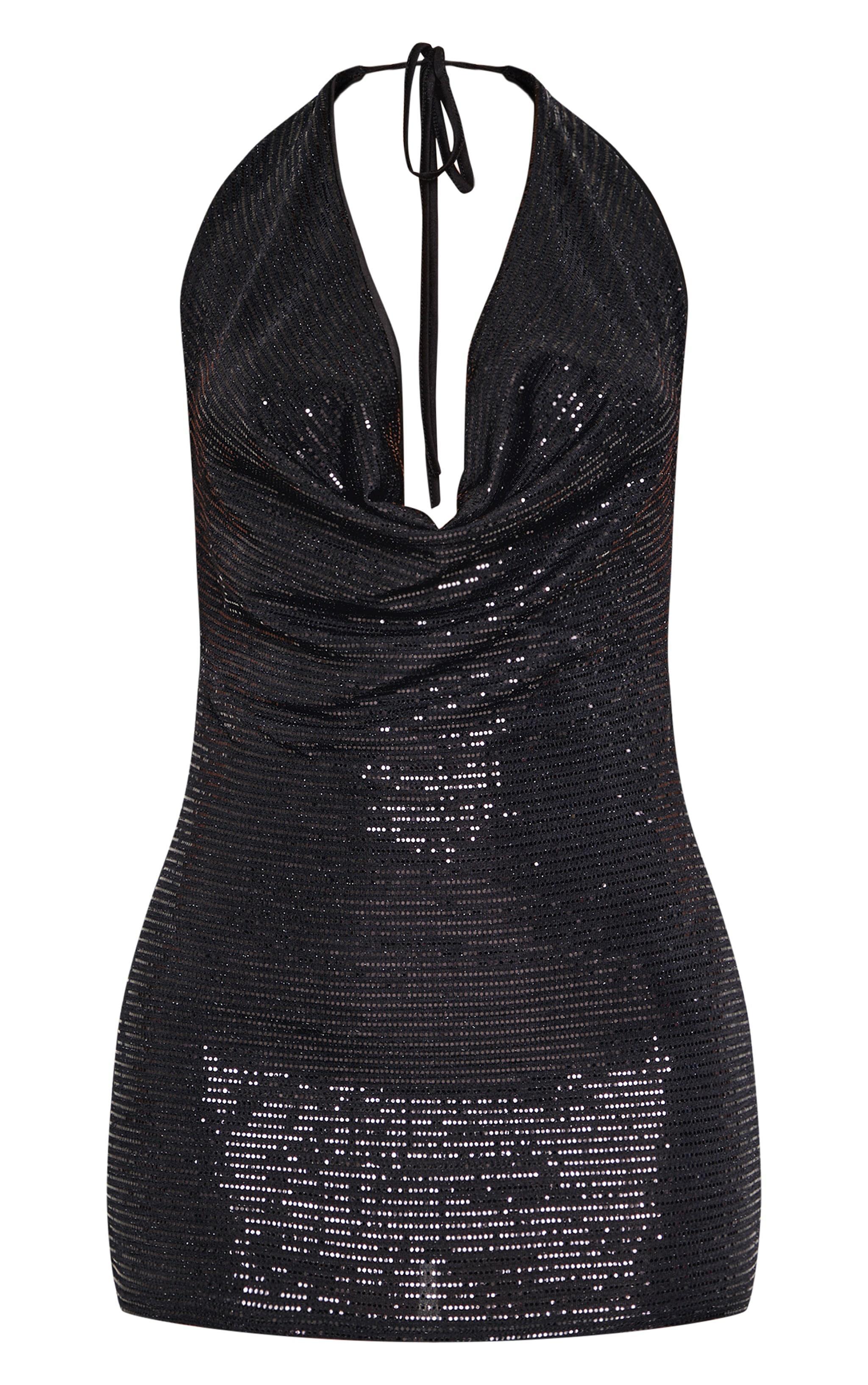 Petite Black Sequin Cowl Neck Open Back Mini Dress Product Image