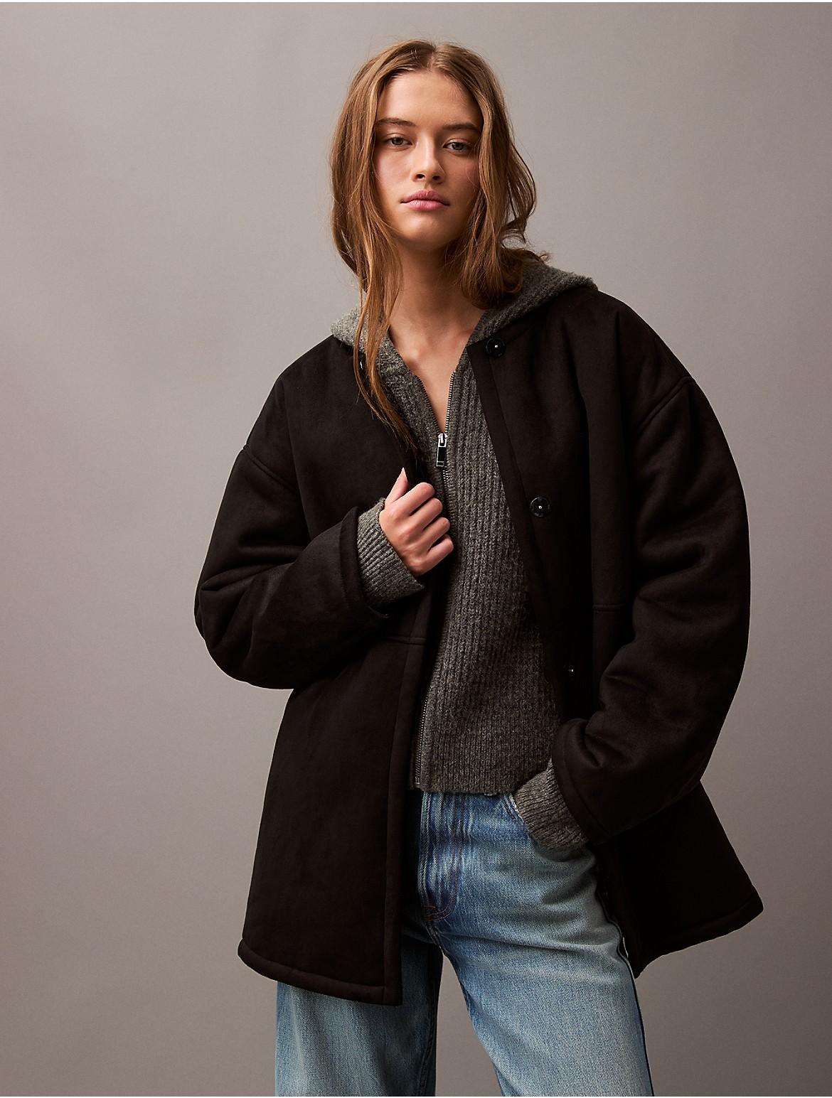 Calvin Klein Womens Faux Shearling Relaxed Coat - Black - XXL Product Image