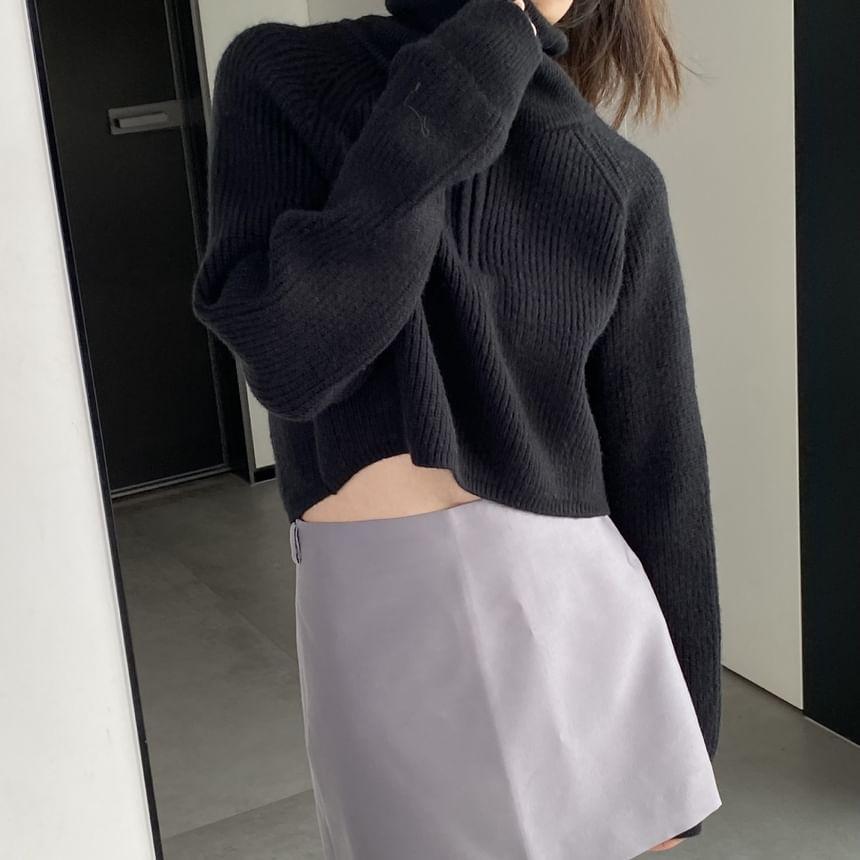 Turtleneck Half Zip Plain Ribbed Knit Crop Sweater Product Image