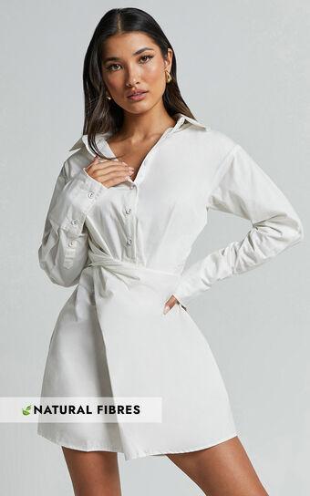 Tonja Mini Dress - Long Sleeve Wrap Shirt Dress in Ivory Product Image