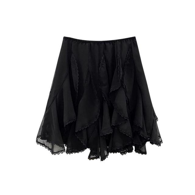 High Waist Plain Lace Trim Asymmetrical A-Line Skirt Product Image