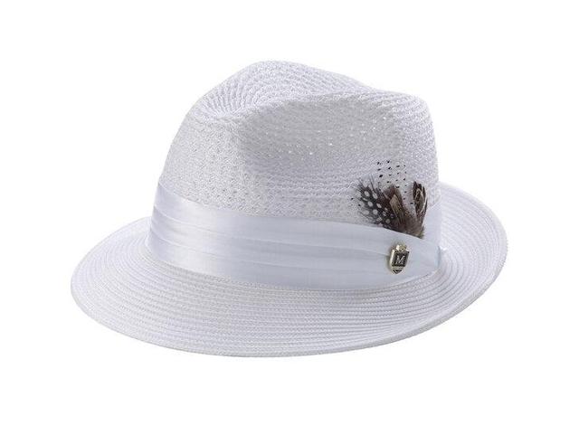 White Solid Color Pinch Braided Fedora With Matching Satin Ribbon Product Image