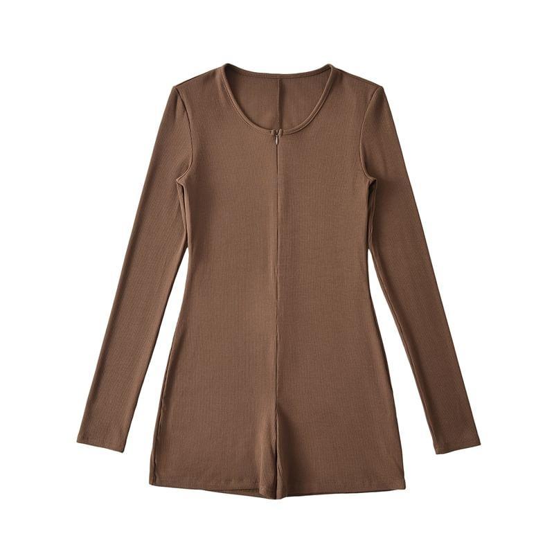 Long Sleeve Round Neck Plain Zip Romper Product Image