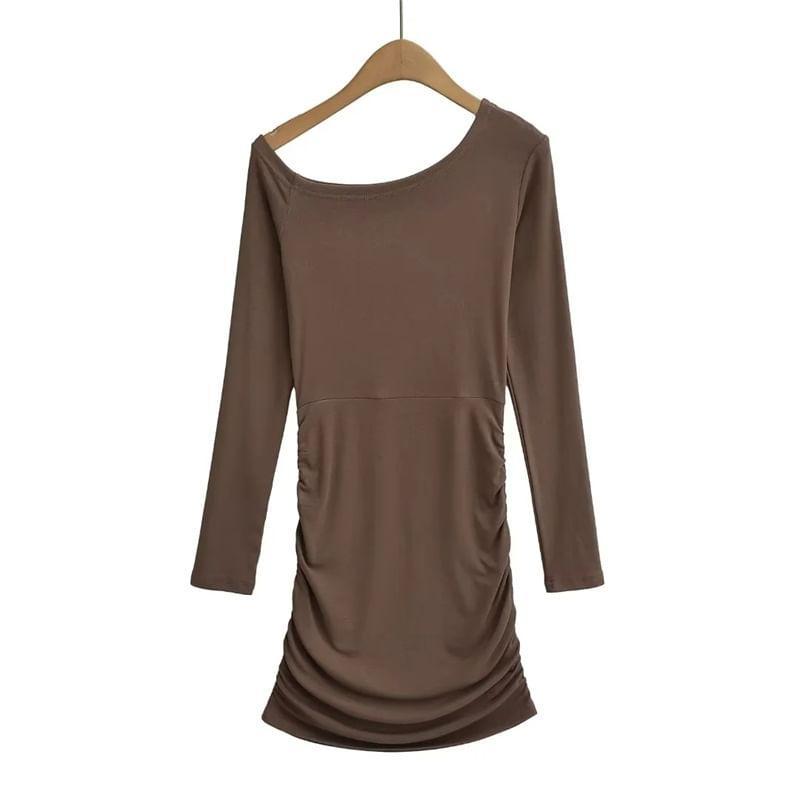 Long Sleeve One Shoulder Plain Ruched Mini Sheath Dress Product Image