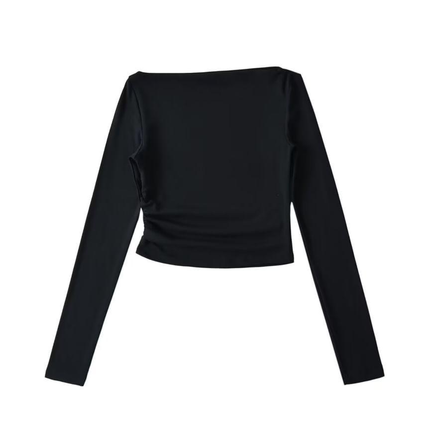 Long-Sleeve Boat Neck Ruched Crop Slim Fit T-Shirt Product Image