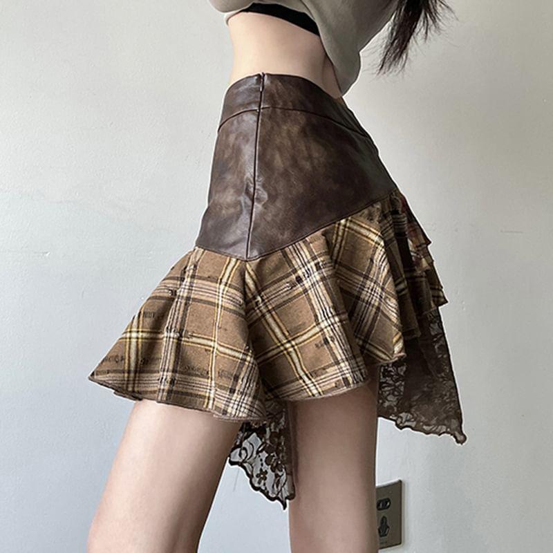 Low Rise Plaid Panel Asymmetrical Mini Skirt Product Image