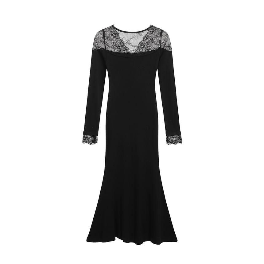 Long-Sleeve V-Neck Plain Lace Panel Midi Mermaid Dress Product Image