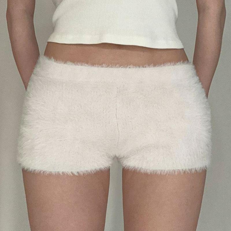 Low Waist Plain Furry Mini Shorts Product Image