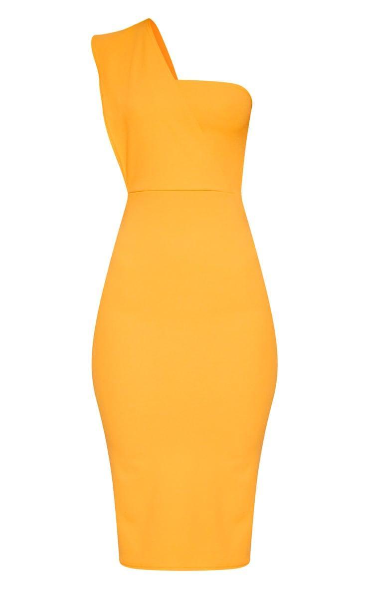 Yellow One Shoulder Draped Midi Dress Product Image