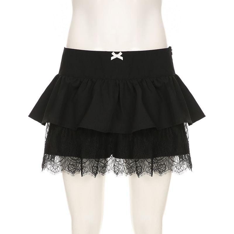 Mid Waist Plain Lace Mini A-Line Skirt Product Image