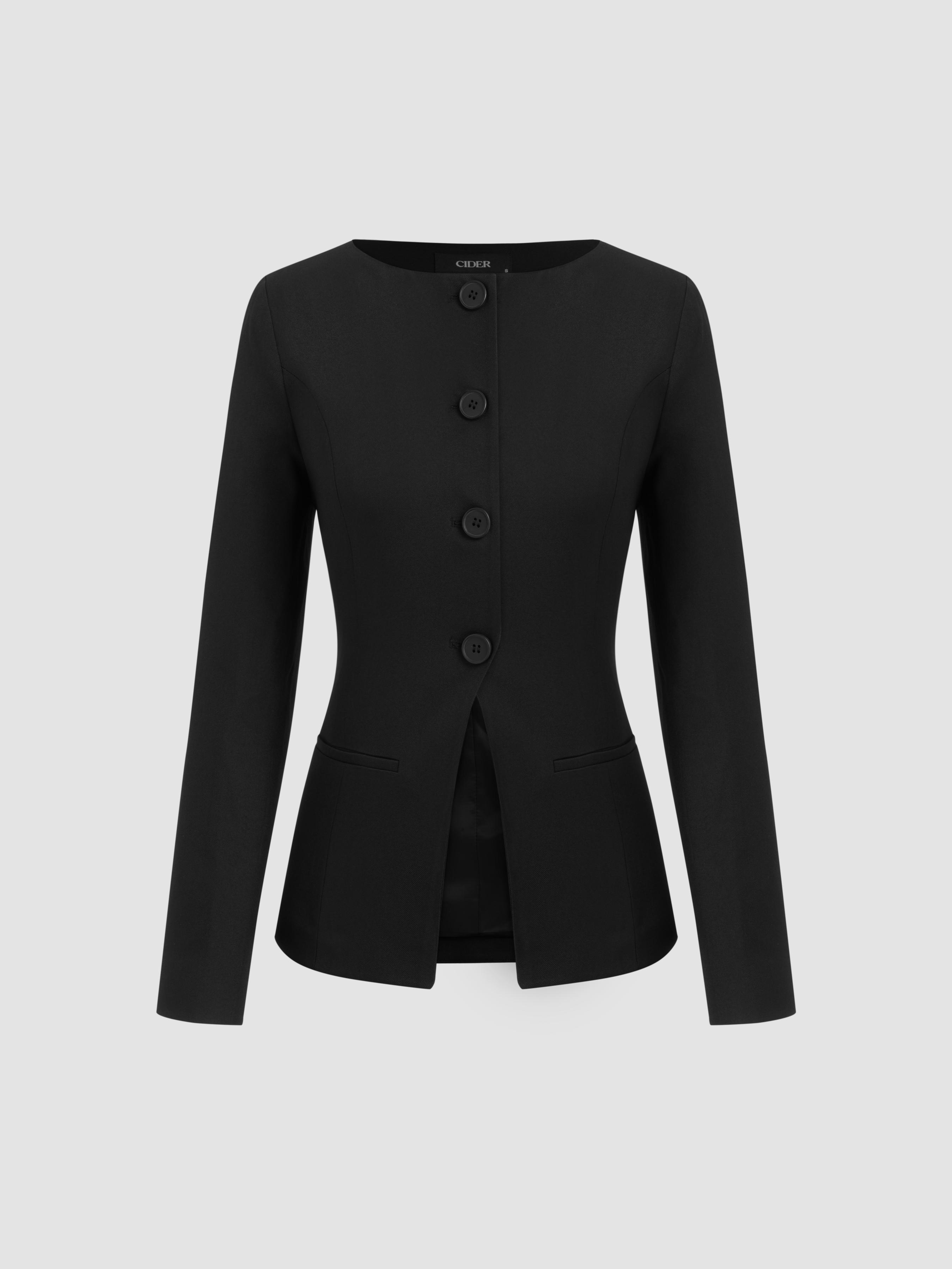 Boat Neck Solid Button Split Blazer Product Image