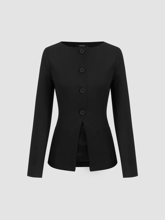 Boat Neck Solid Button Split Blazer Product Image