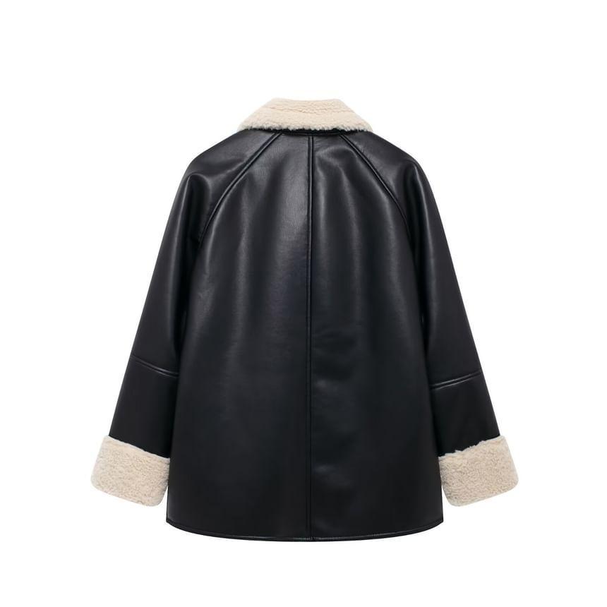 Stand Collar Faux Leather Fleece Trim Coat Product Image