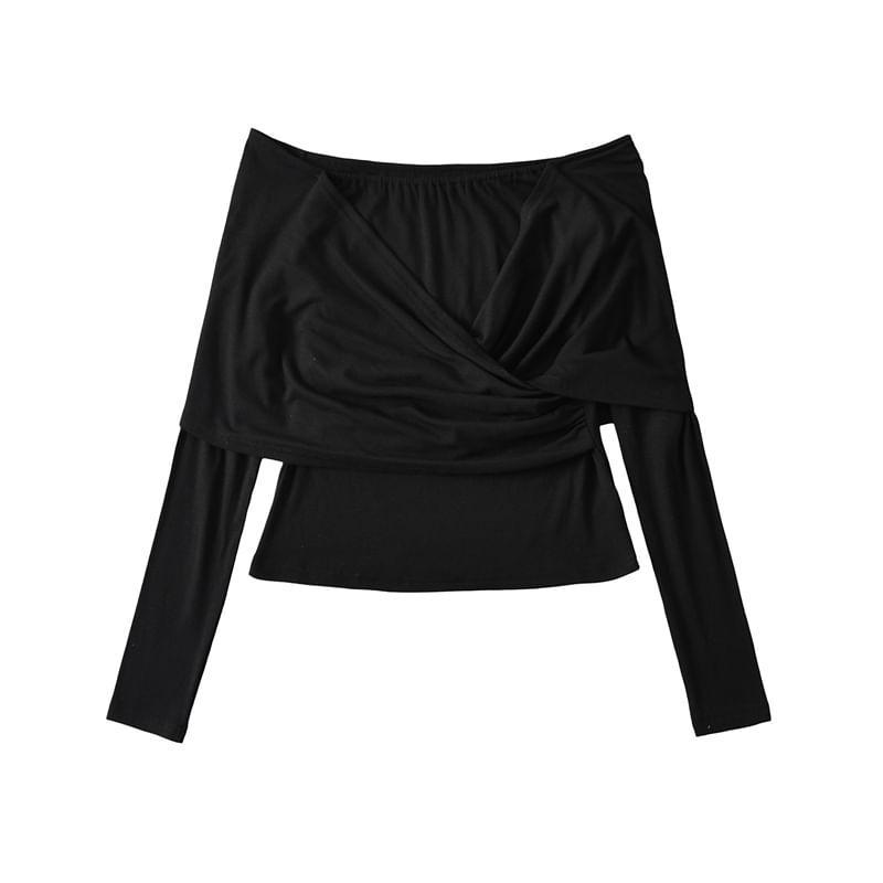 Long Sleeve Off Shoulder Plain Twist Cross Ruched Tee Product Image