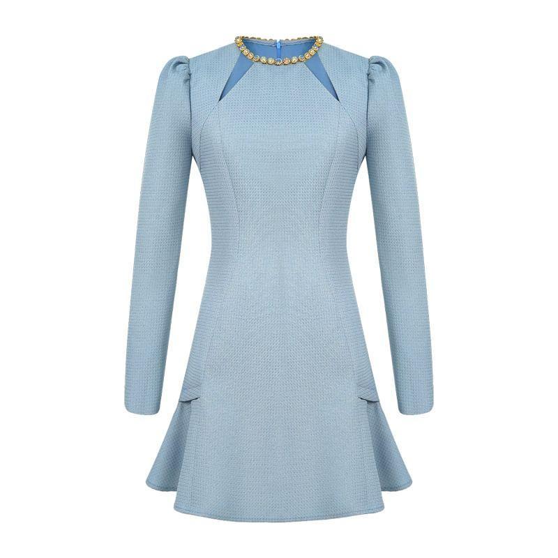 Long-Sleeve Round Neck Plain Cutout Rhinestone Mini A-Line Dress Product Image