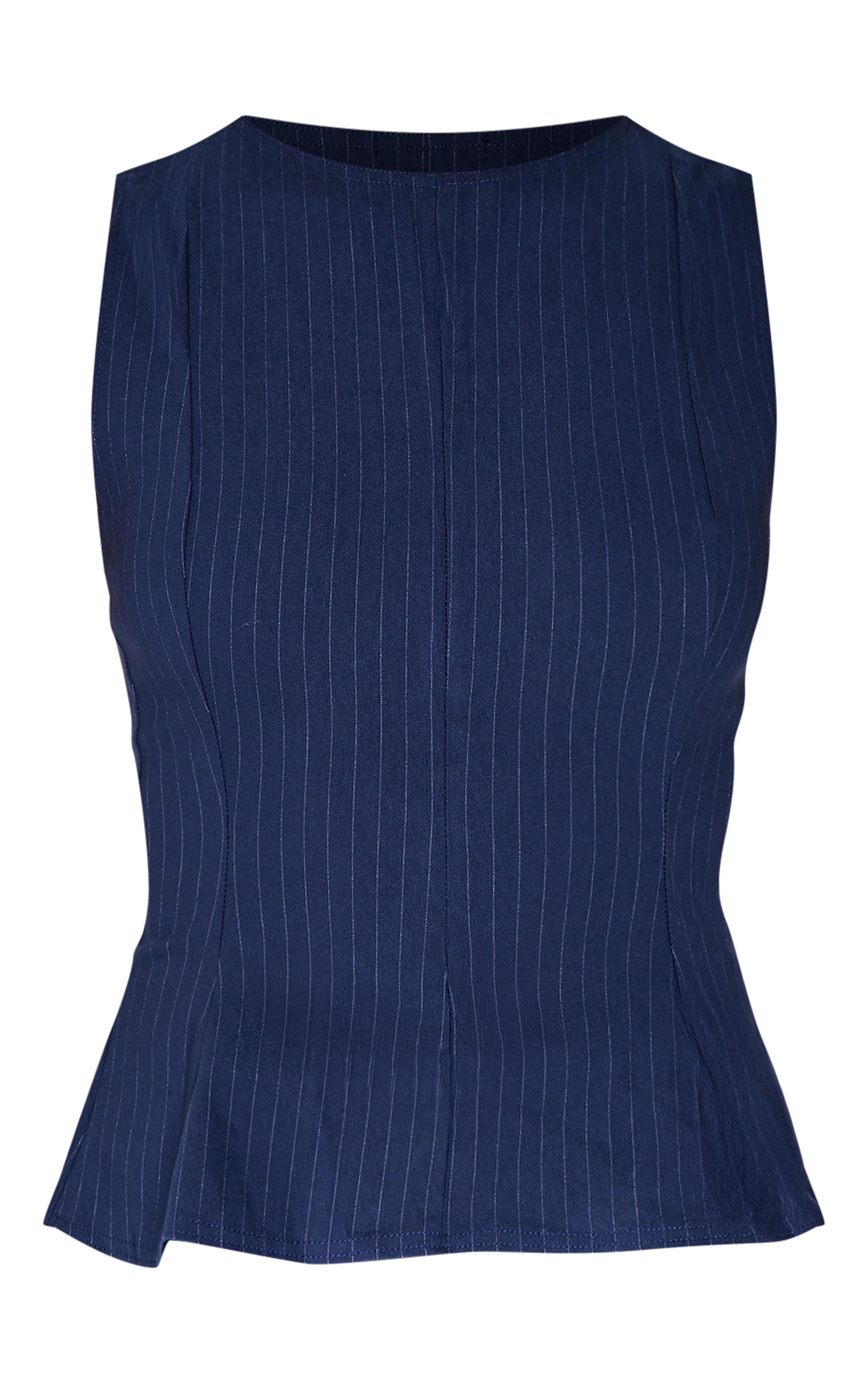 Navy Bengaline Pinstripe Flared Hem Long Top Product Image