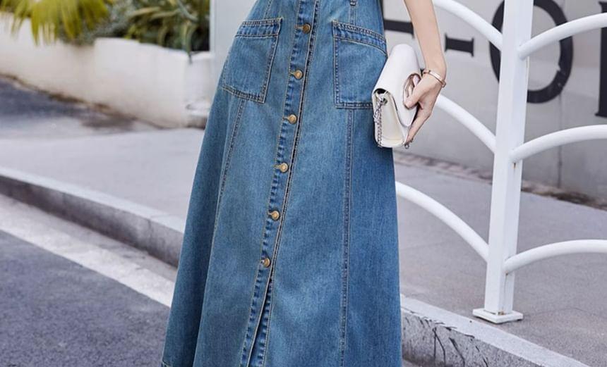 Long-Sleeve Washed Denim Maxi A-Line Shirt Dress Product Image