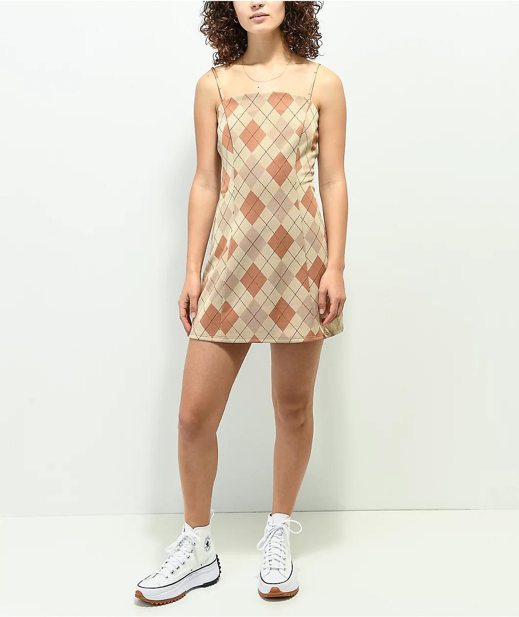 Spicychix Tan & Brown Argyle Plaid Mini Dress Product Image