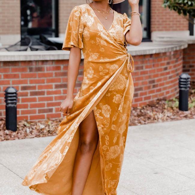 Forever Grateful Gold Velvet Floral Maxi Dress FINAL SALE Product Image