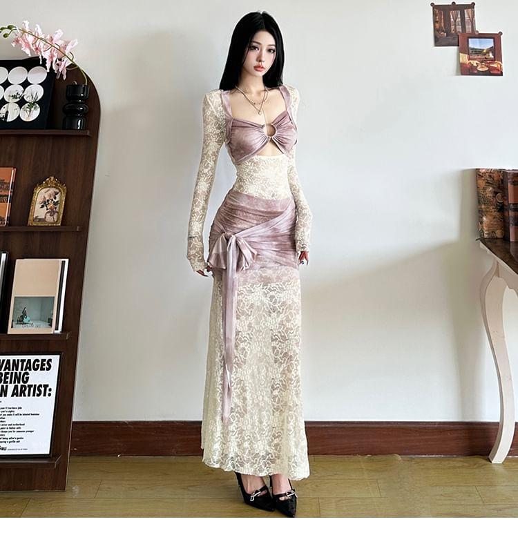 Long-Sleeve Tie Dye Lace Panel Maxi Sheath Dress product image