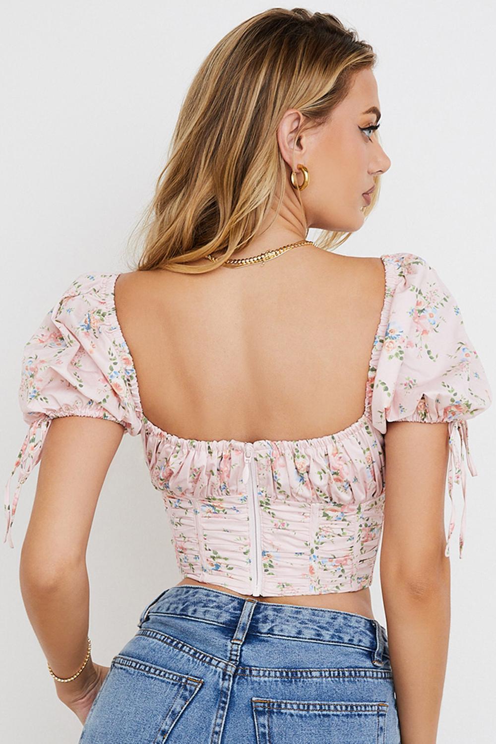 Gracie Pink Floral Puff Sleeve Corset Top Product Image