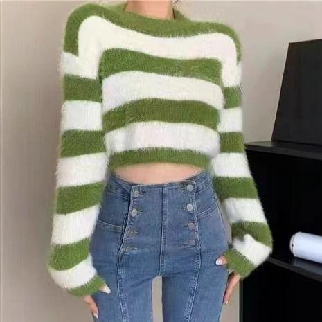 Crew Neck Striped Crop Sweater Product Image