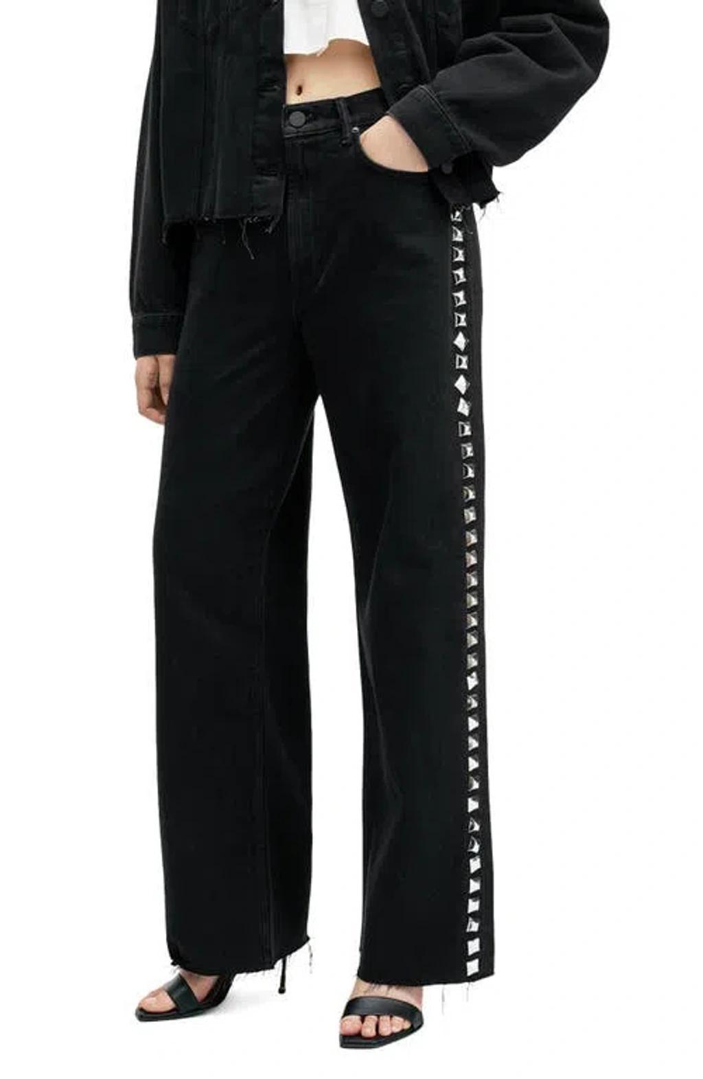 Slake Studded Raw Hem Straight Leg Jeans In Black product image