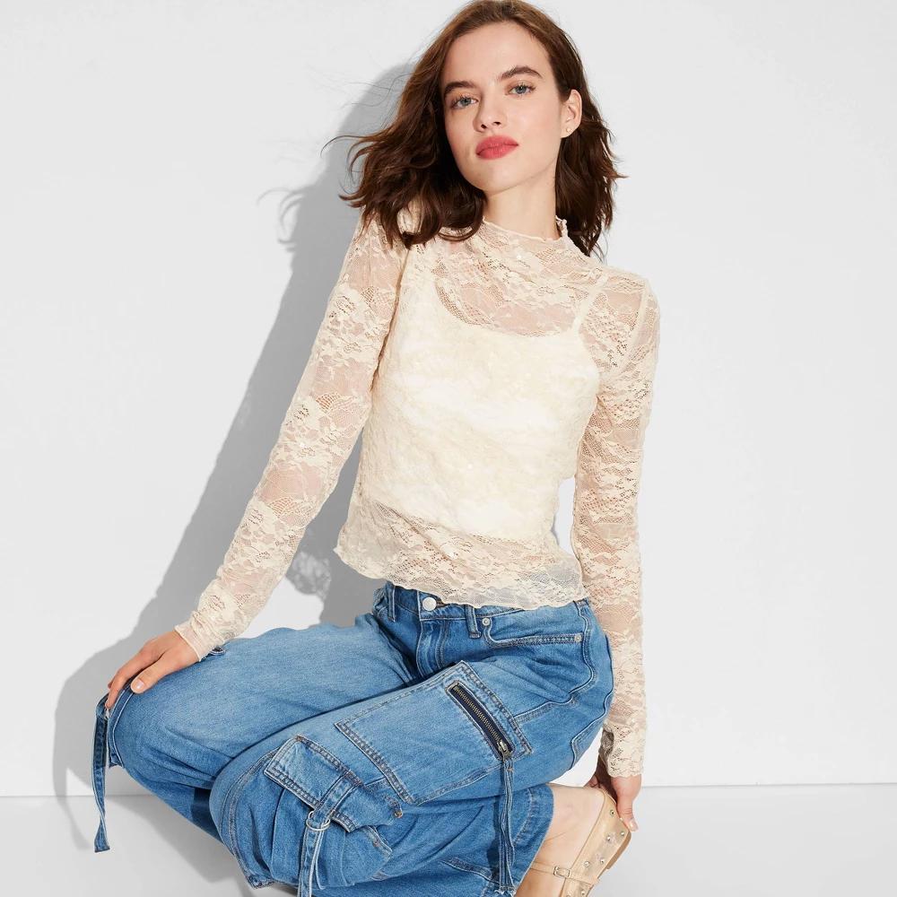 Womens Long Sleeve Lace Sequin Top - Wild Fable Champagne XXS product image