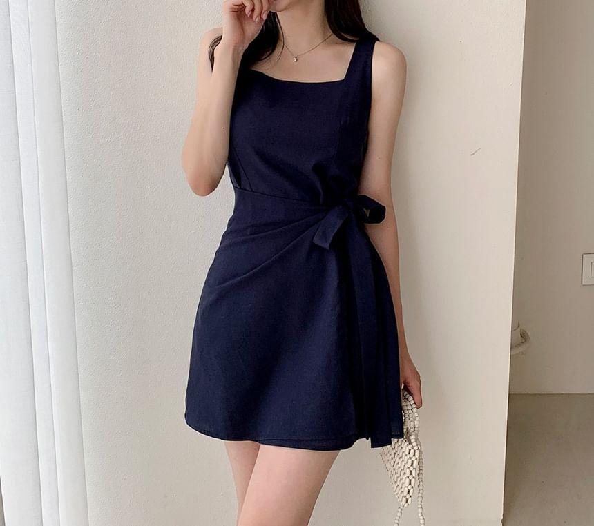 Sleeveless Square Neck Tie-Side Plain Mini A-Line Dress Product Image