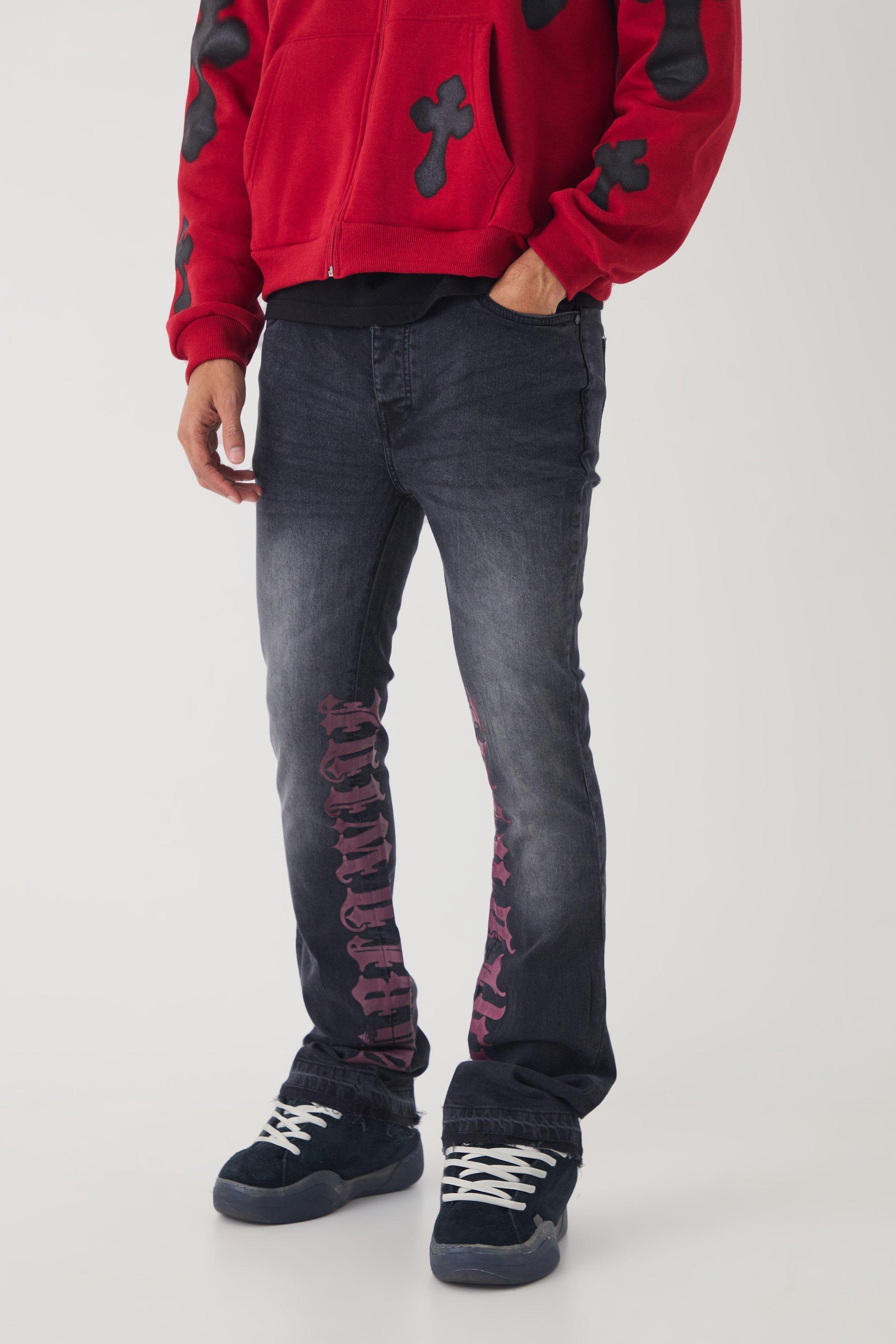 Skinny Stretch Flare Stacked Printed Gusset Denim Jeans | boohooMAN USA Product Image