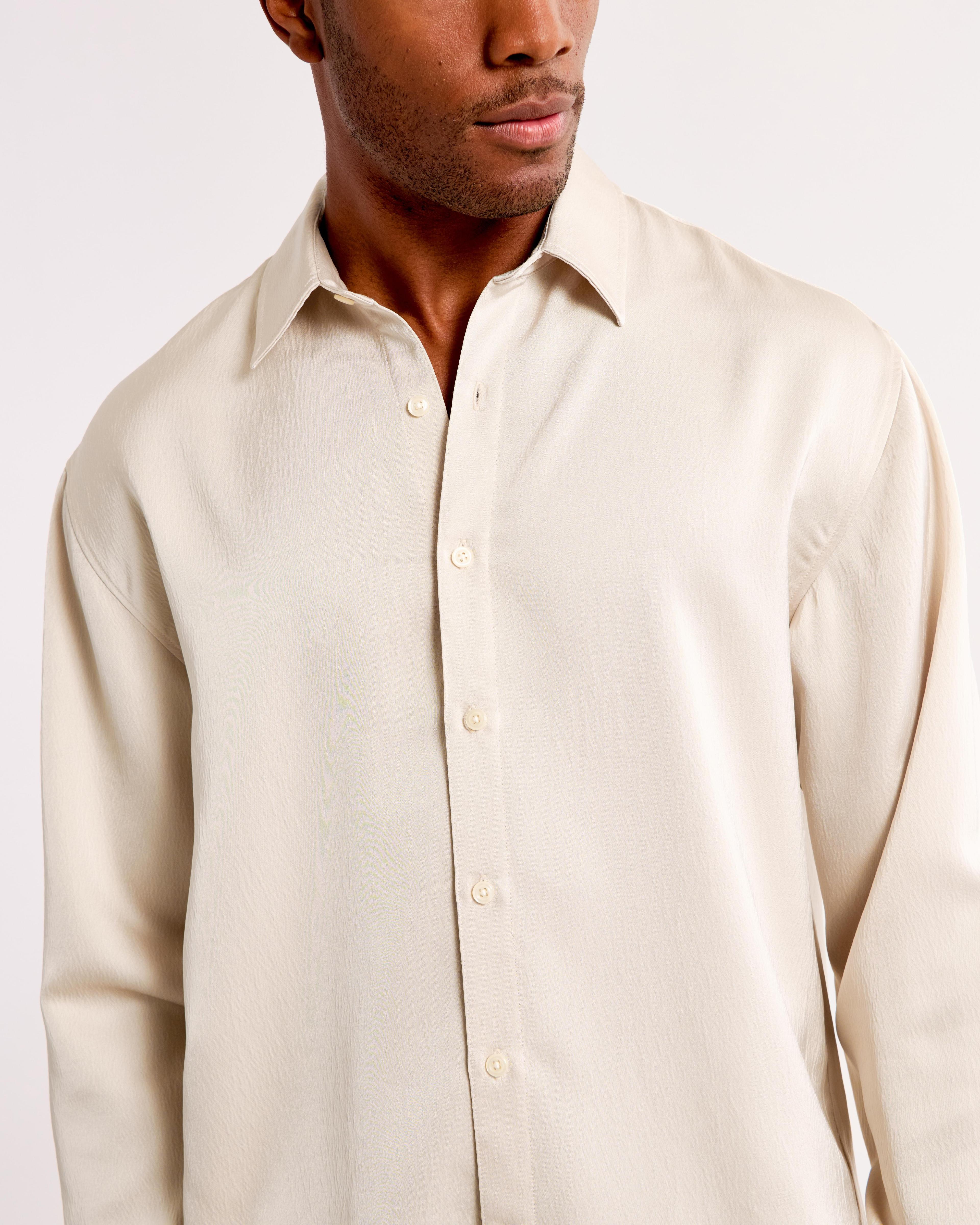 Long-Sleeve Silky Button-Up Shirt Product Image