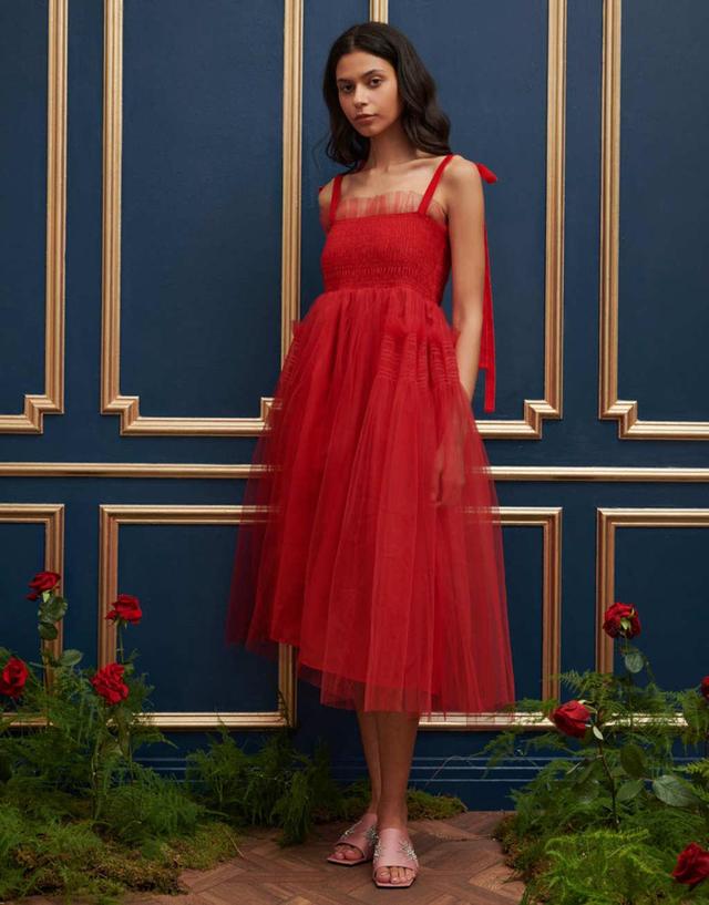 Dream Sister Jane bow shoulder tulle midi dress in red Product Image