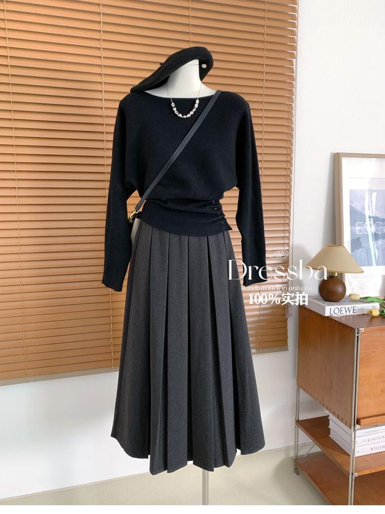 High Waist Plain Maxi A-Line Pleated Skirt Product Image