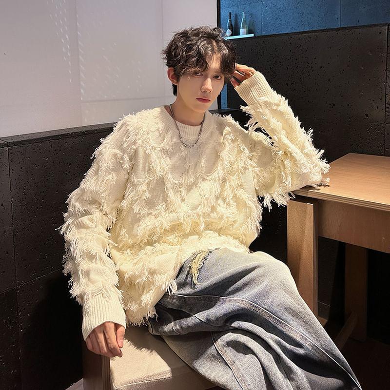 Crew Neck Plain Fringed Sweater Product Image