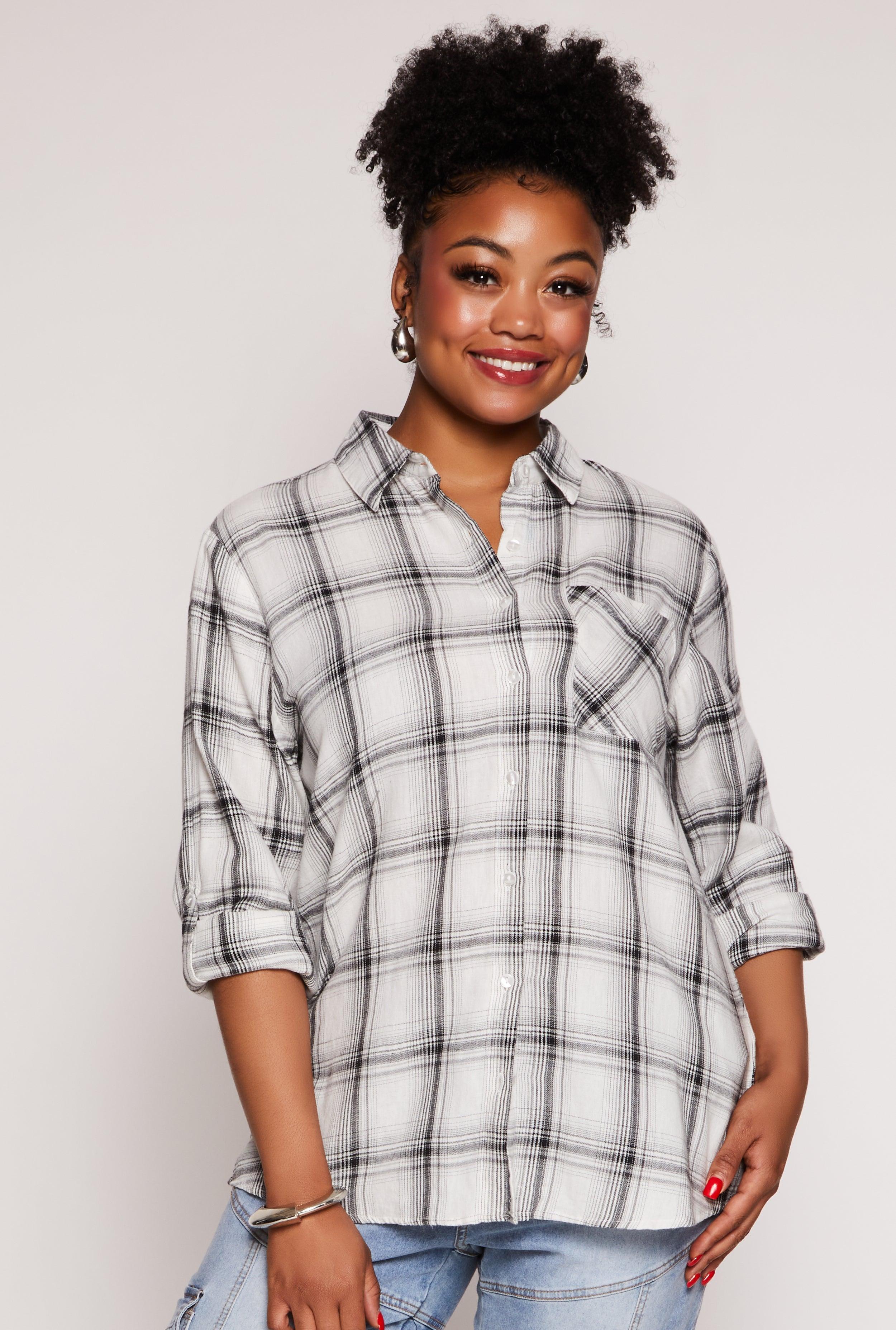 Womens Plus Size Lurex Plaid Tabbed Sleeve Shirt Product Image