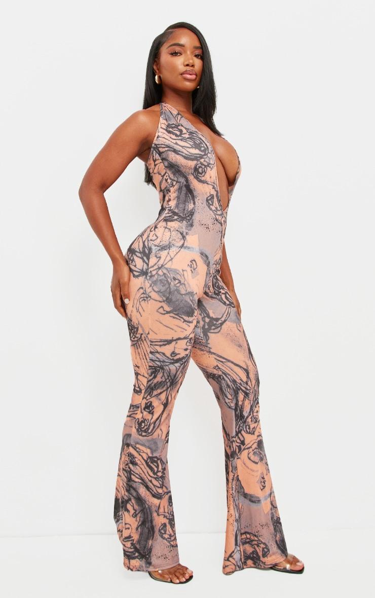 Shape Blue Abstract Printed Slinky Plunge Halterneck Jumpsuit Product Image