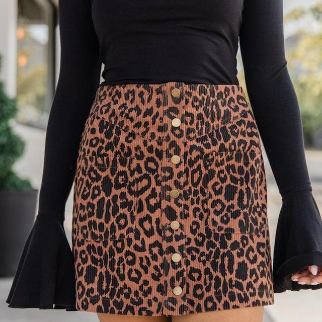 Wild At Heart Brown and Black Leopard Corduroy Skirt Product Image