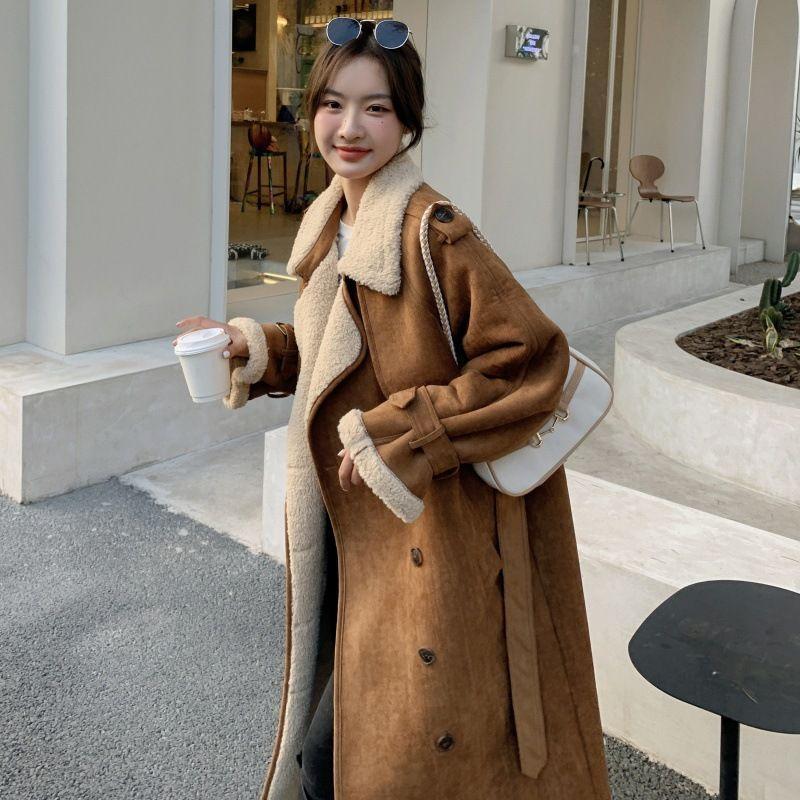 Furry Collar Double Breasted Faux Suede Coat product image