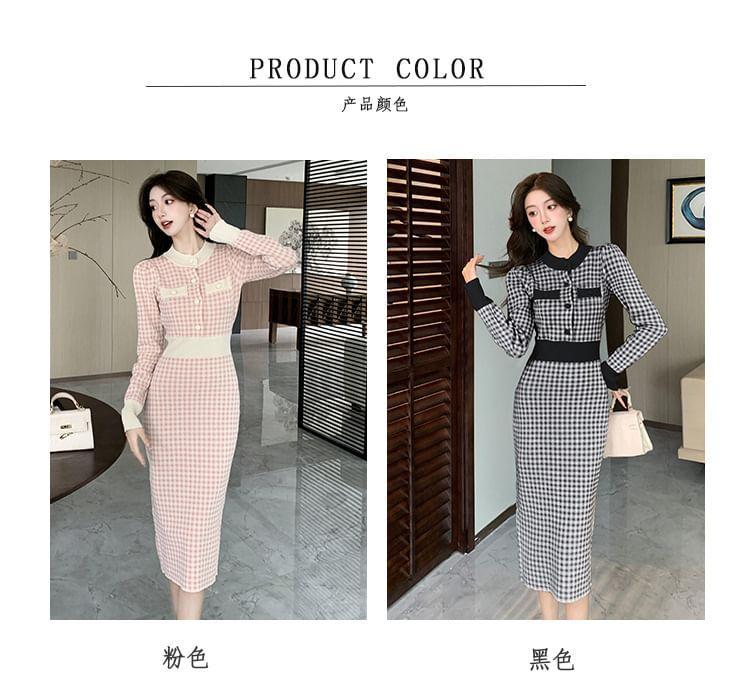 Long-Sleeve Henley Plaid Midi Sheath Dress Product Image