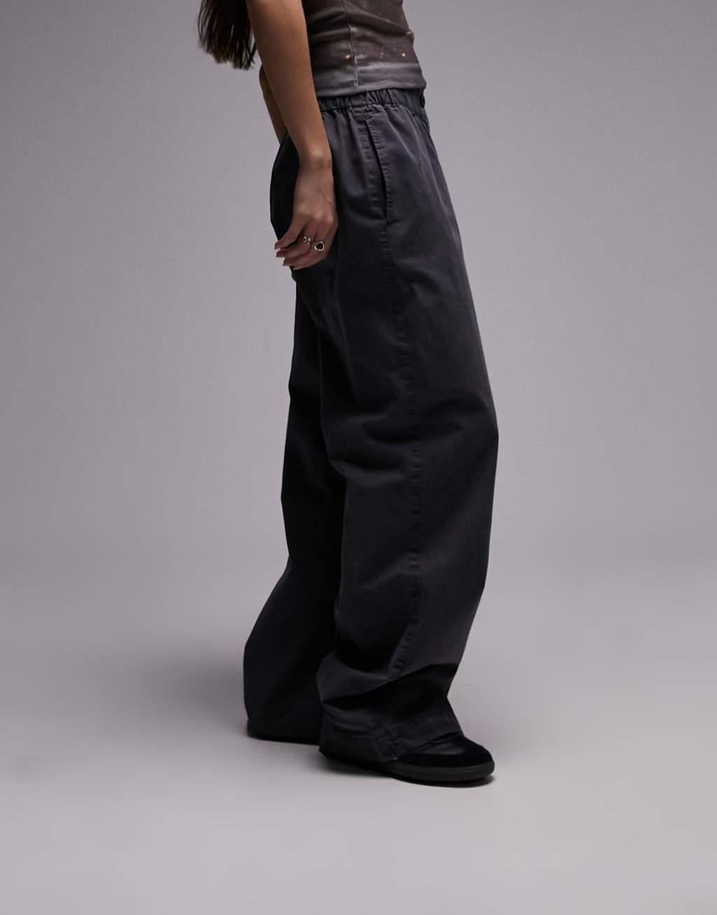 Topshop pull-on button front straight leg pants in charcoal Product Image