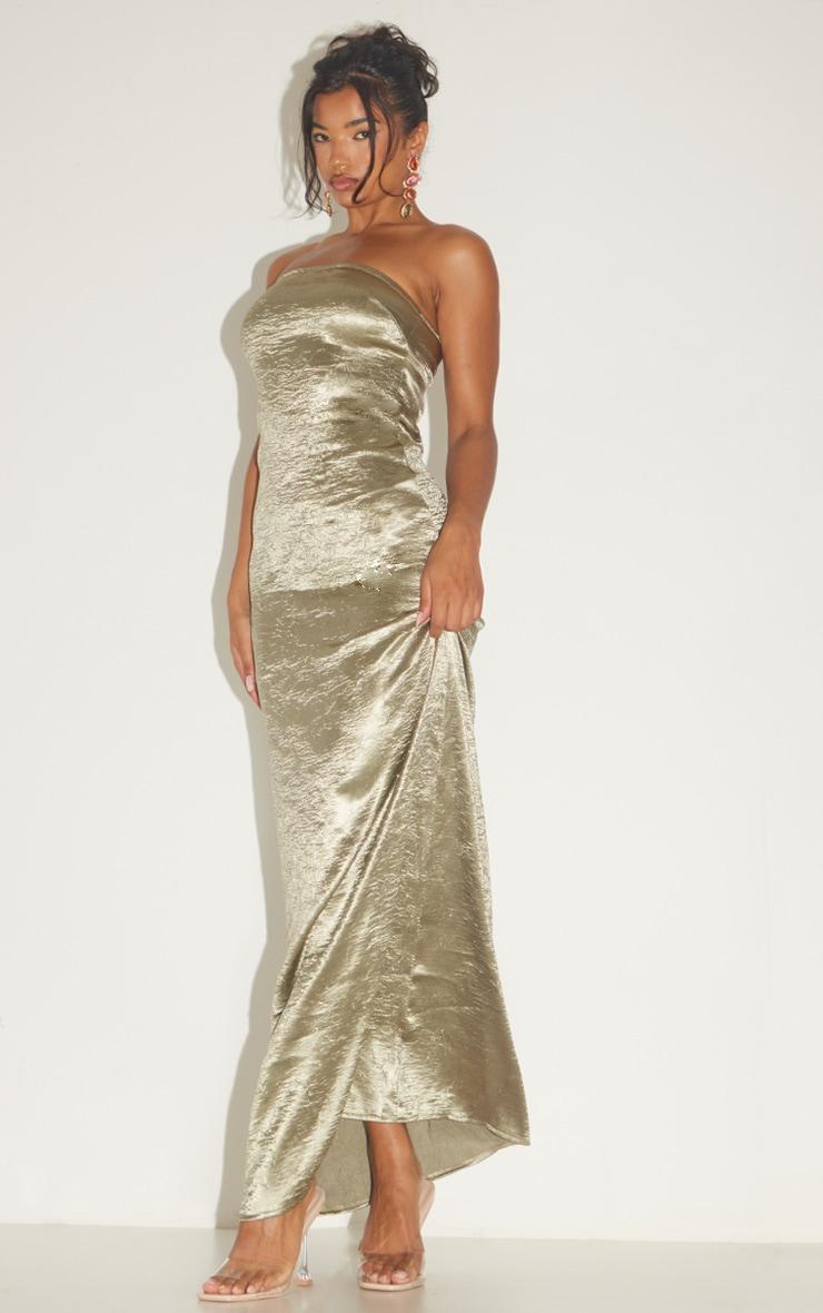 Khaki Textured Satin Cowl Bandeau Maxi Dress Product Image